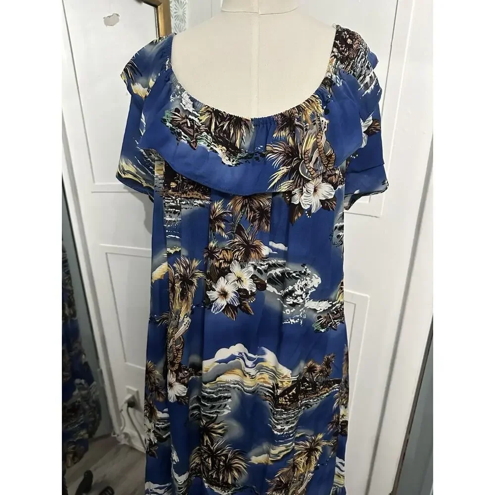 VINTAGE Hilo Hattie Women Dress Large Blue Floral Hawaiian Maxi Made in Hawaii - Picture 3 of 10